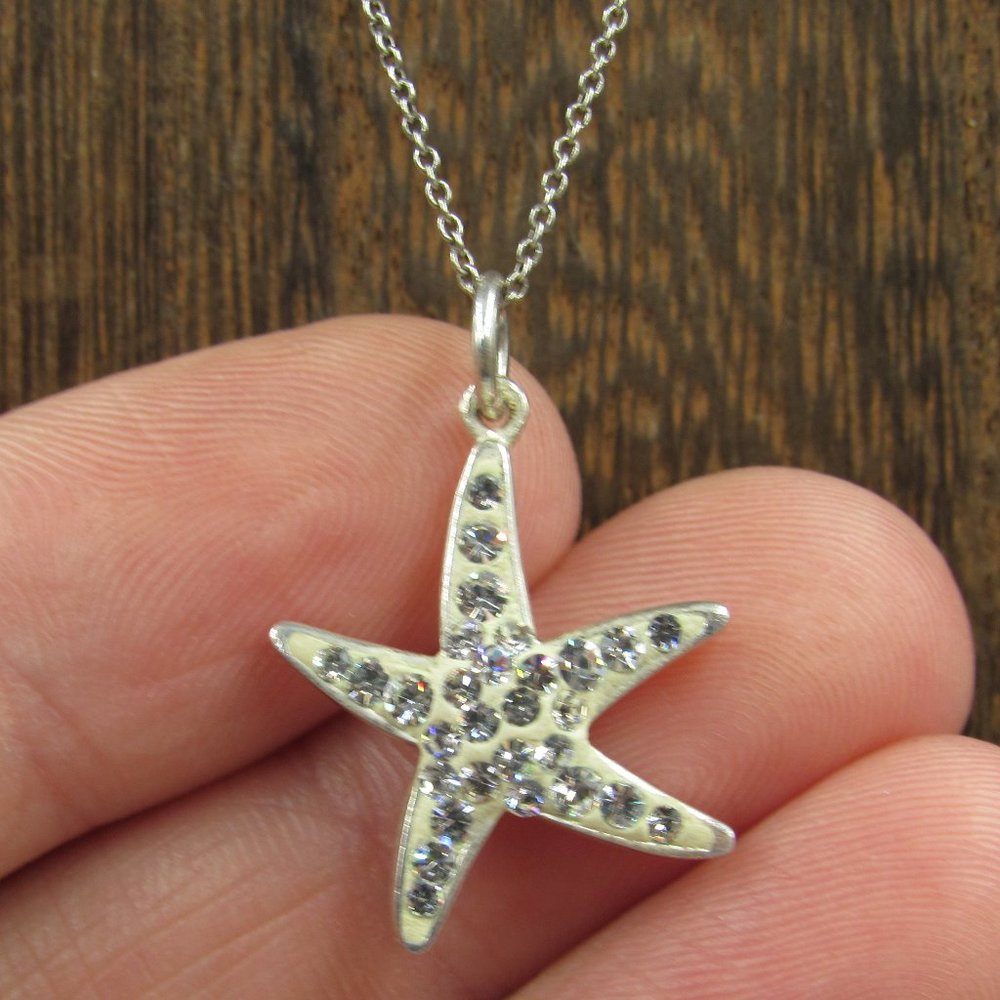 16" Sterling Silver Crystal Starfish Necklace - Picture 1 of 6